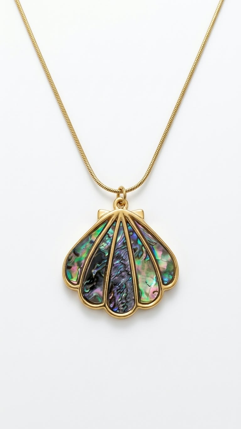 Gold Iridescent Resin Scallop Shell Pendant Necklace