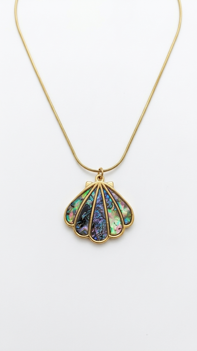 Gold Iridescent Resin Scallop Shell Pendant Necklace