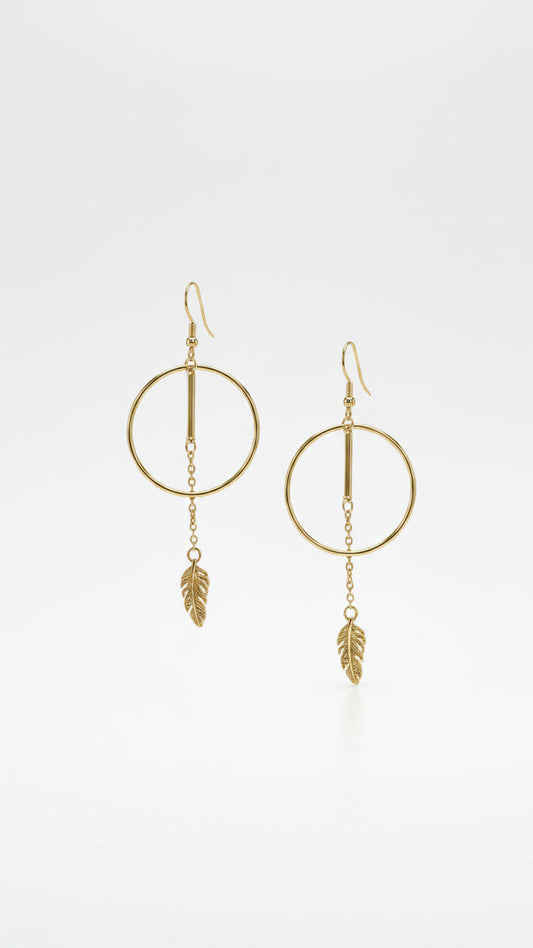 Ethereal Geometric Hoop & Dangle Feather Earrings – Gold Finish