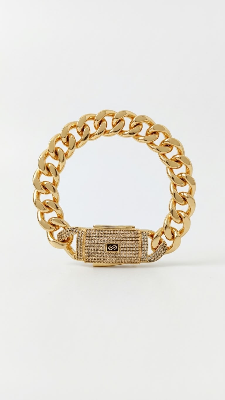 Gold Pave-Lock Curb Chain Bracelet