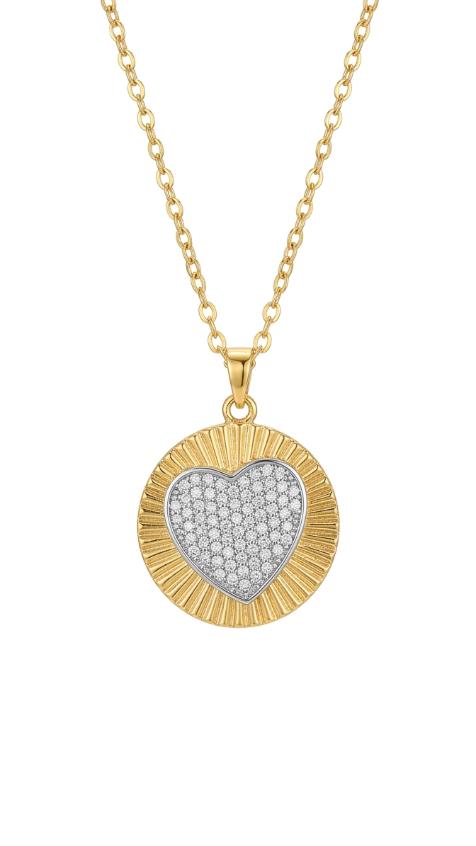Gold Textured Medallion Necklace with Pavé Heart
