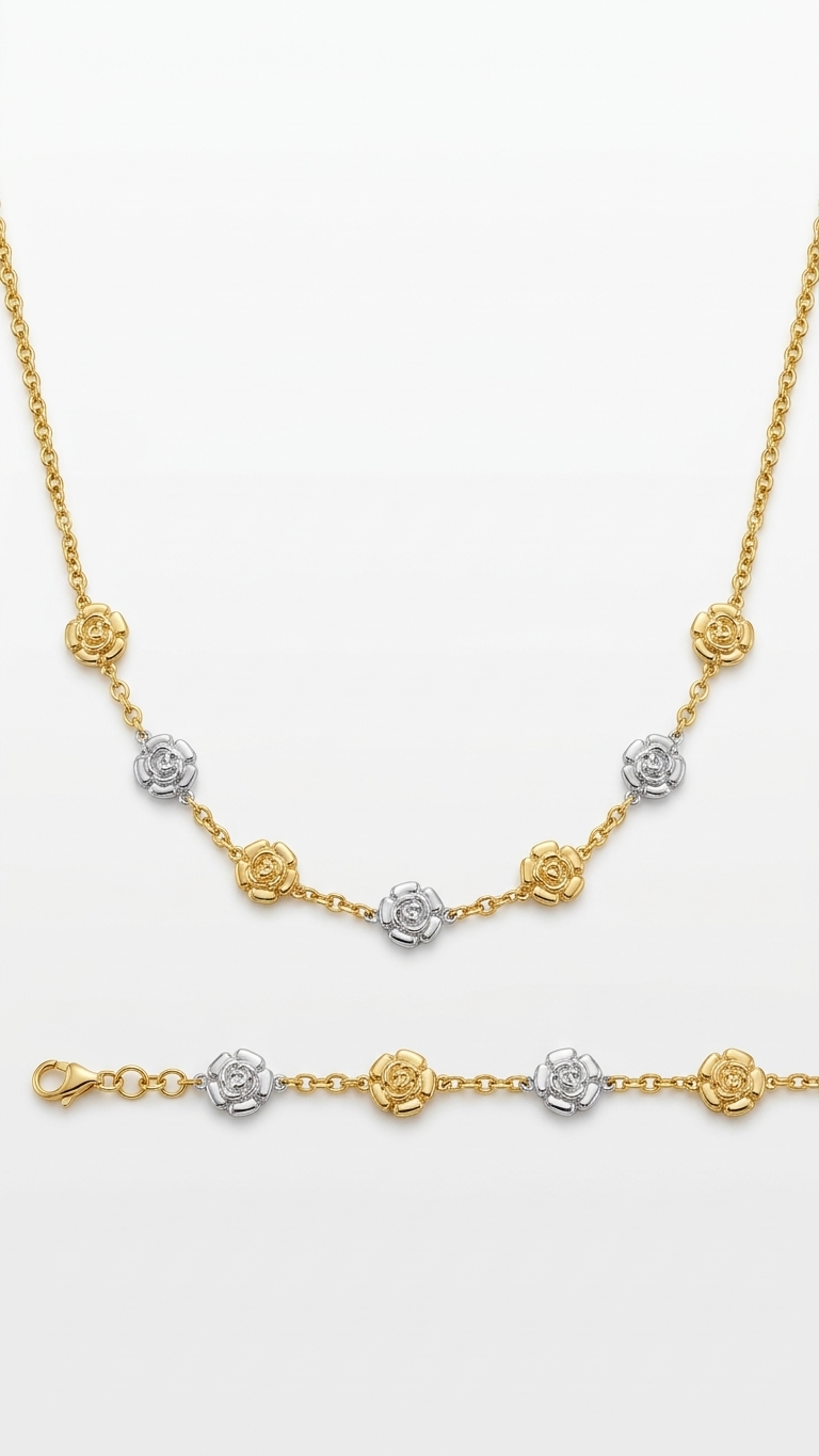 Two-Tone Floral Station Necklace & Matching Bracelet Set