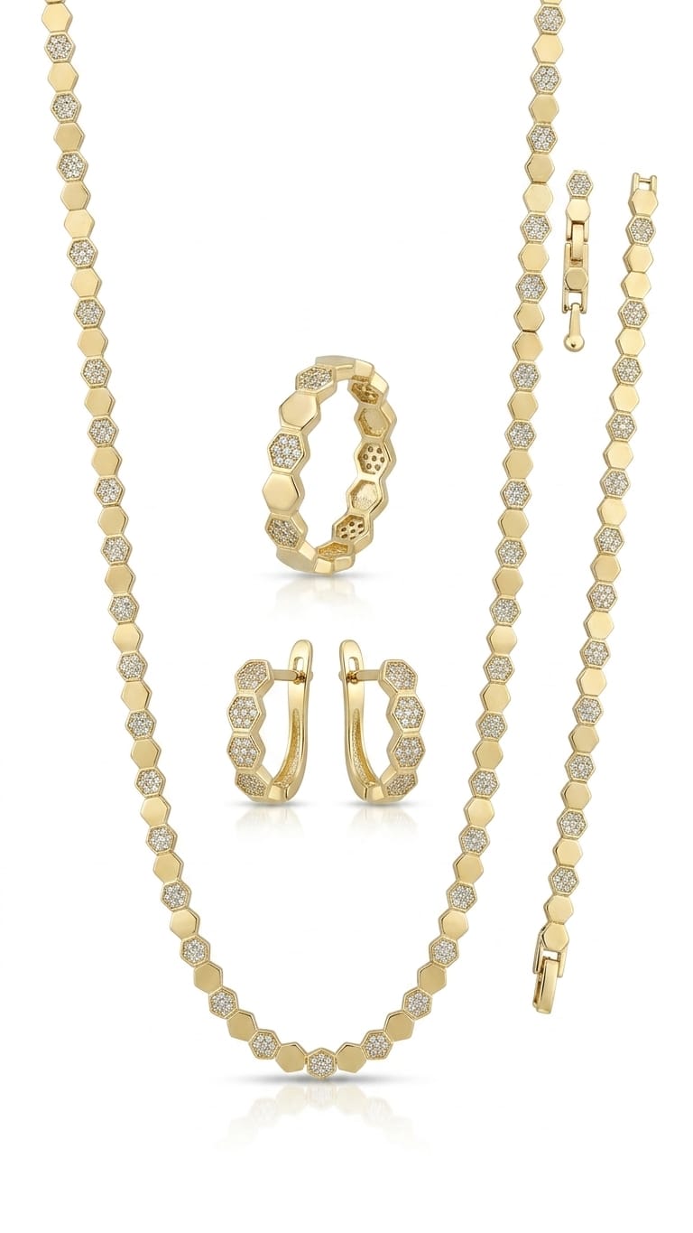 Hexagon Crystal Jewelry Set: Necklace, Bracelet, Earrings & Ring in Gold-Tone