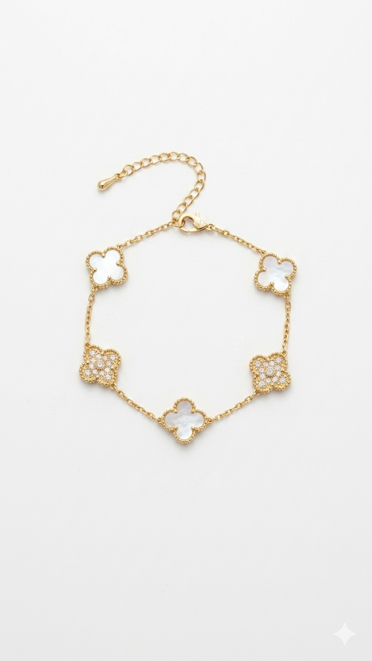 White Clover Motif Bracelet – Mother of Pearl & Pavé Crystals