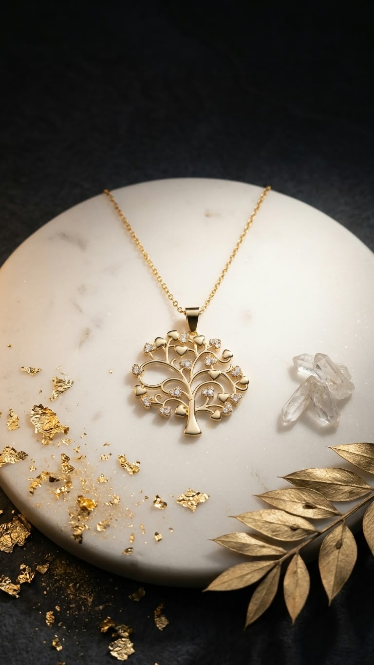 Golden Tree of Life Crystal Heart Pendant Necklace