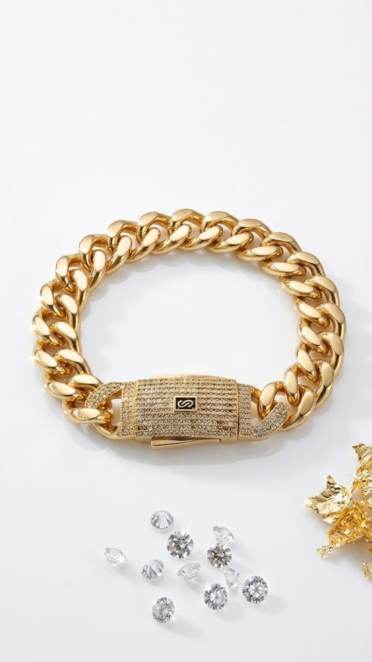Gold Pave-Lock Curb Chain Bracelet