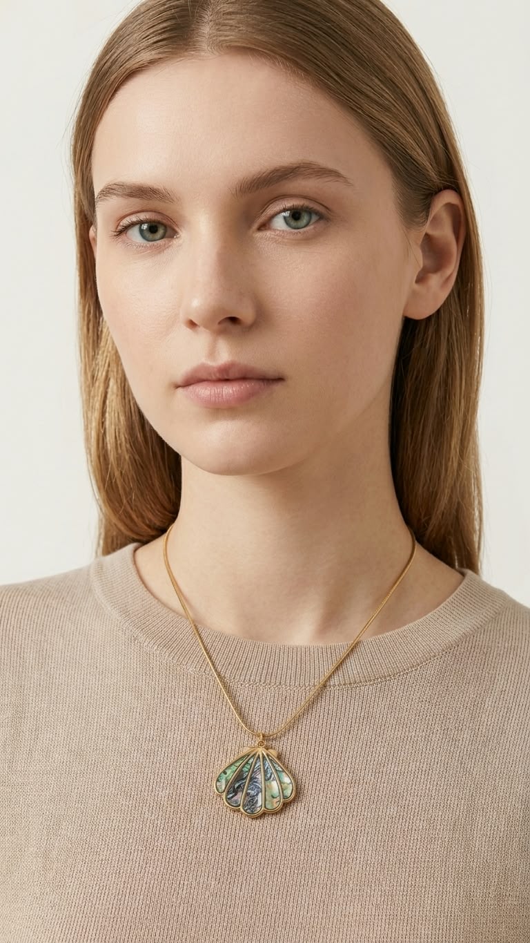 Gold Iridescent Resin Scallop Shell Pendant Necklace