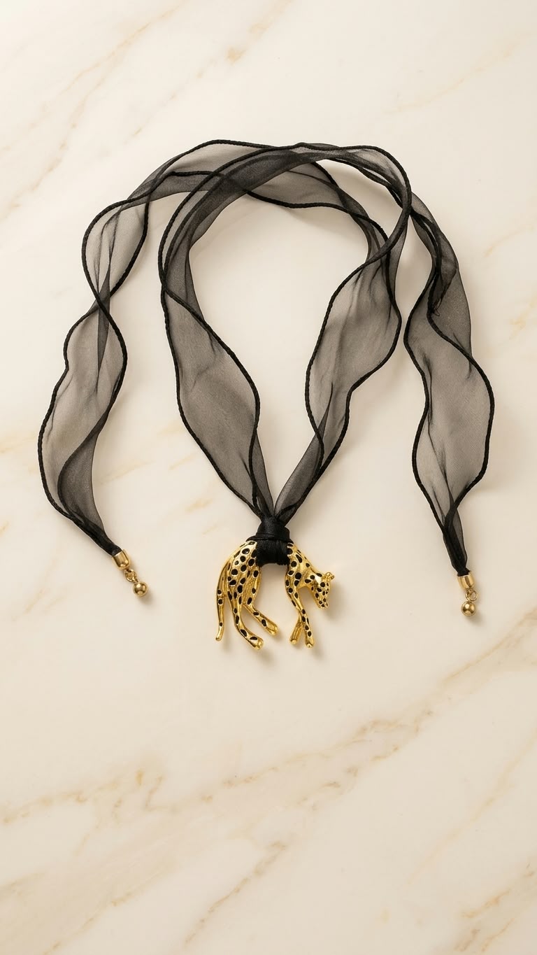Black Chiffon Scarf & Spotted Golden Panther Pendant Necklace