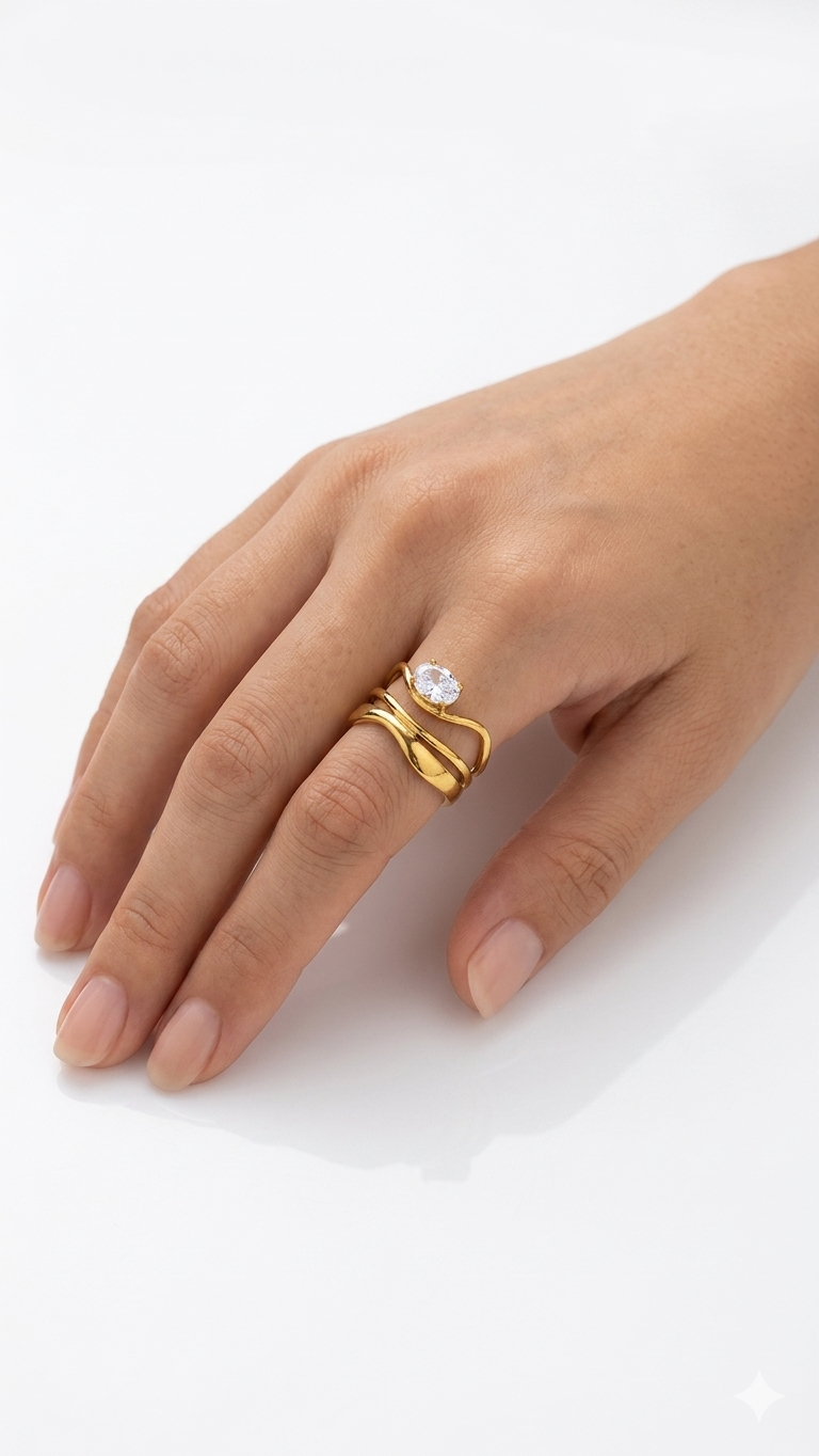 Organic Liquid Wave Multi-Layer Solitaire Wrap Ring