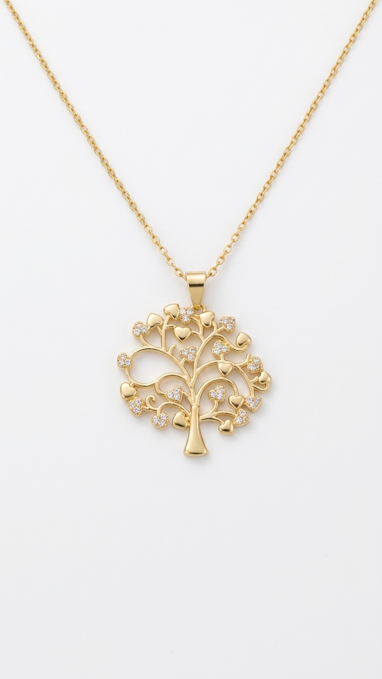 Golden Tree of Life Crystal Heart Pendant Necklace
