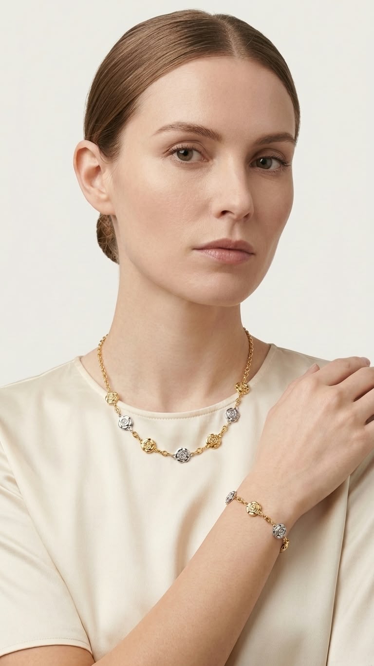 Two-Tone Floral Station Necklace & Matching Bracelet Set
