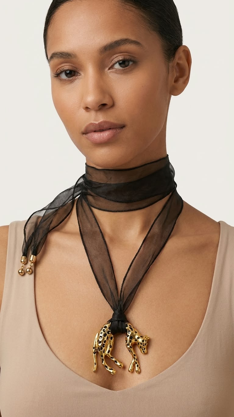 Black Chiffon Scarf & Spotted Golden Panther Pendant Necklace
