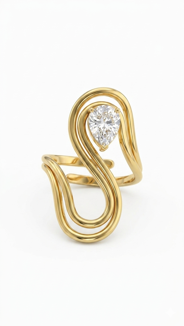 Fluid Wave Abstract Pear-Cut Solitaire Wrap Ring