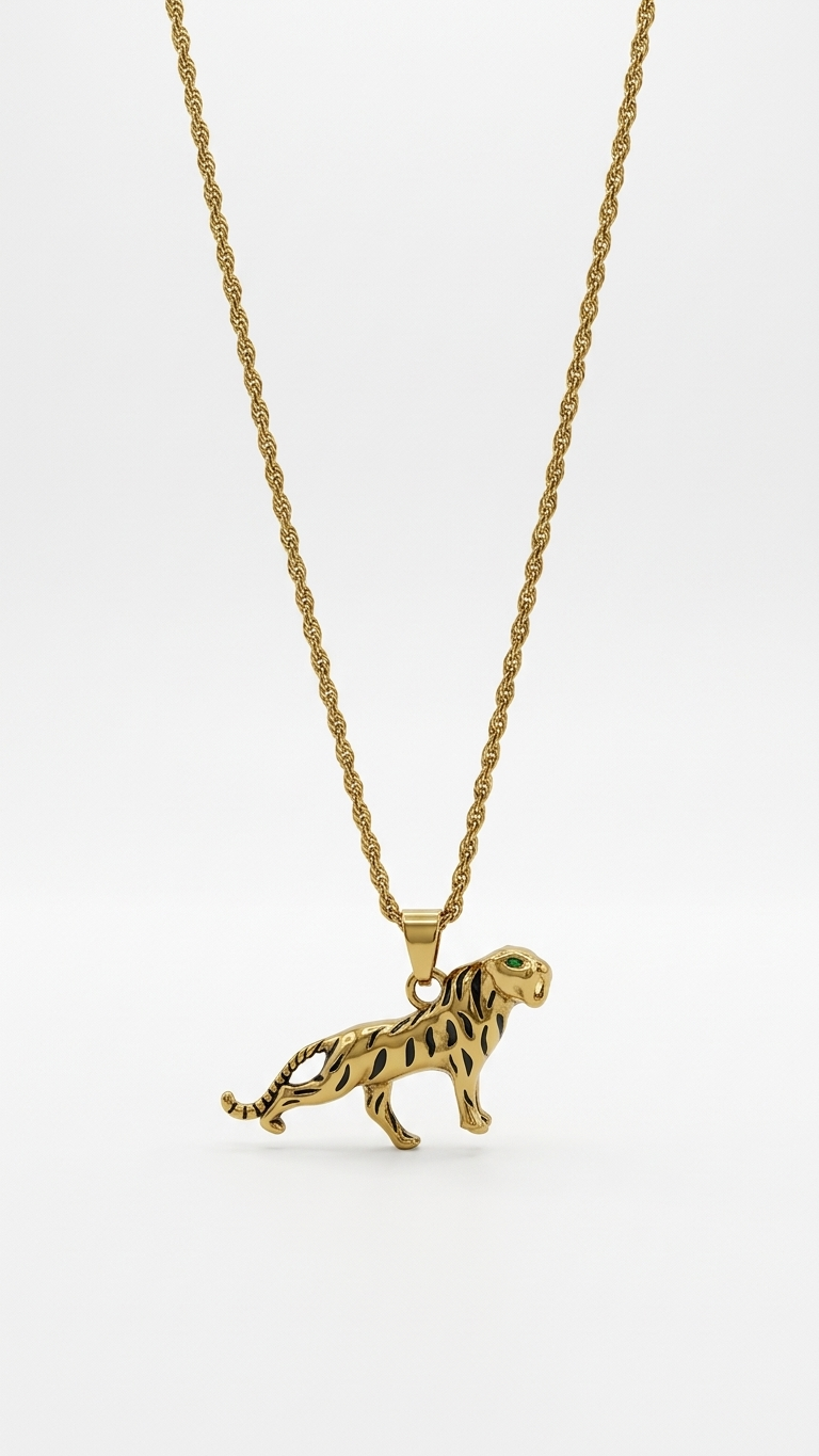 Golden Tiger Pendant Necklace with Rope Chain