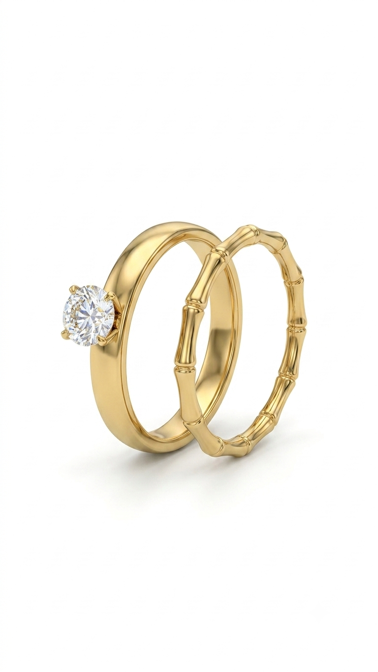 Solitaire & Bamboo-Textured Stackable Ring Set