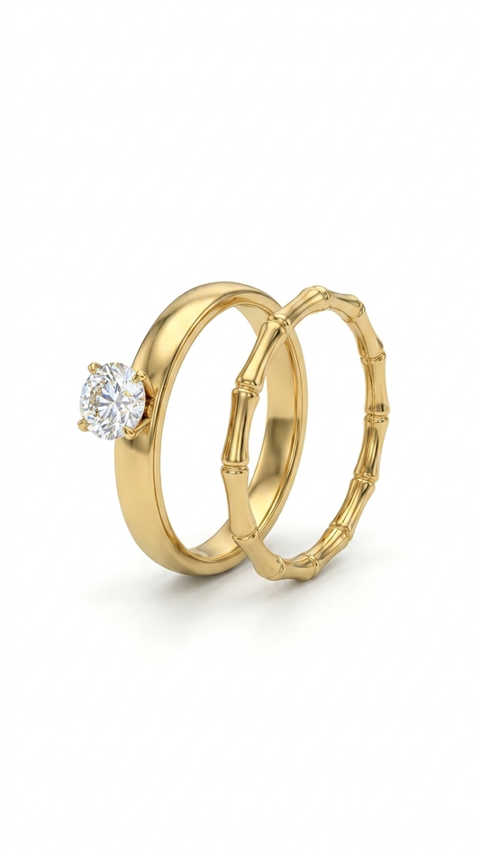 Solitaire & Bamboo-Textured Stackable Ring Set