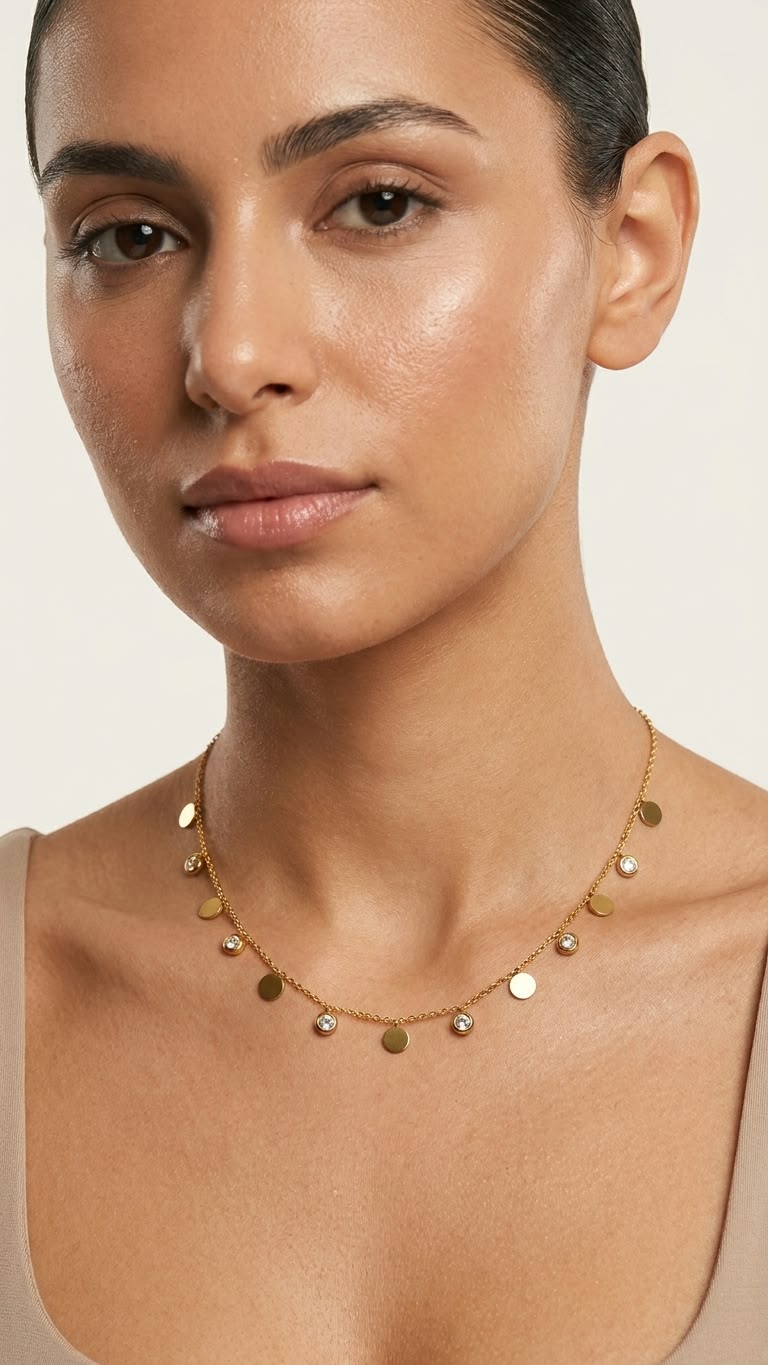 Golden Coin & Bezel Crystal Choker Necklace