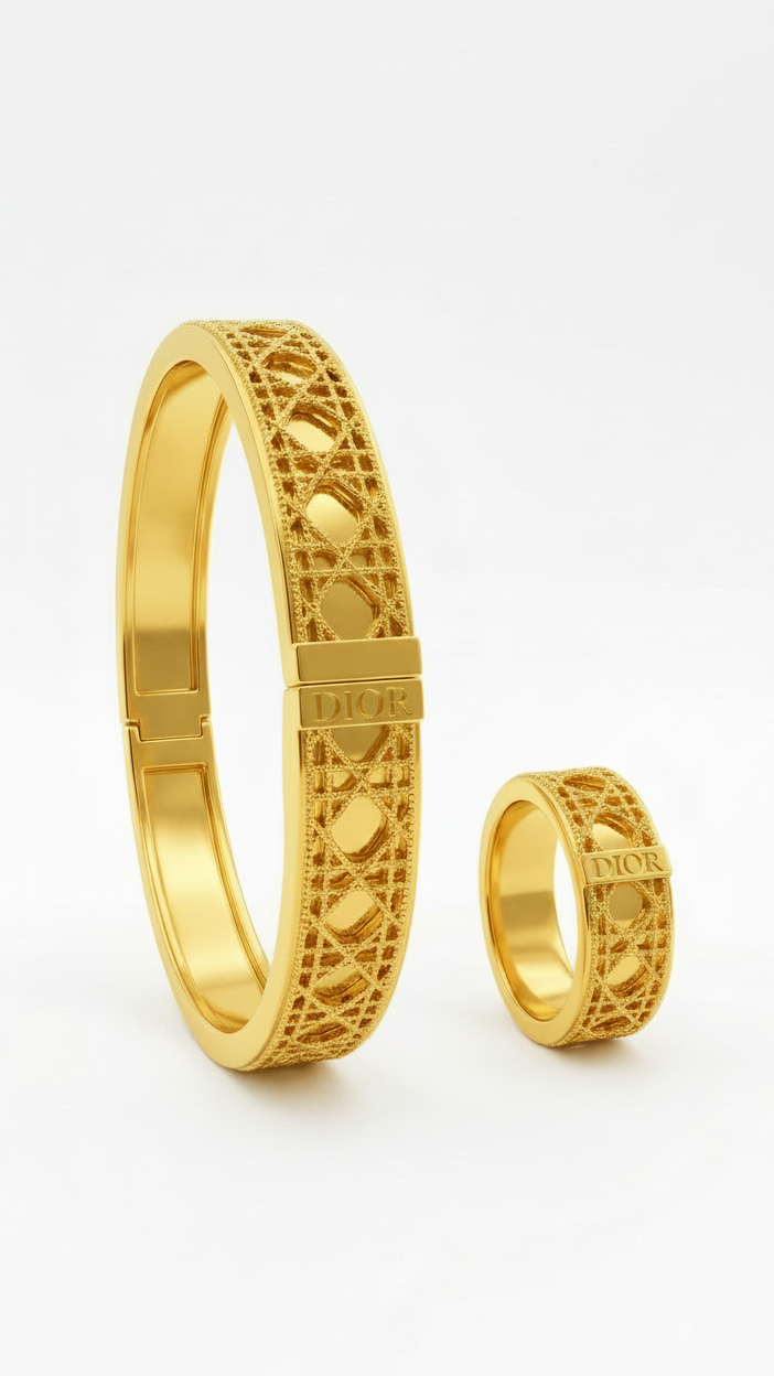 Cannage Pattern Gold-Tone Bangle and Ring Set