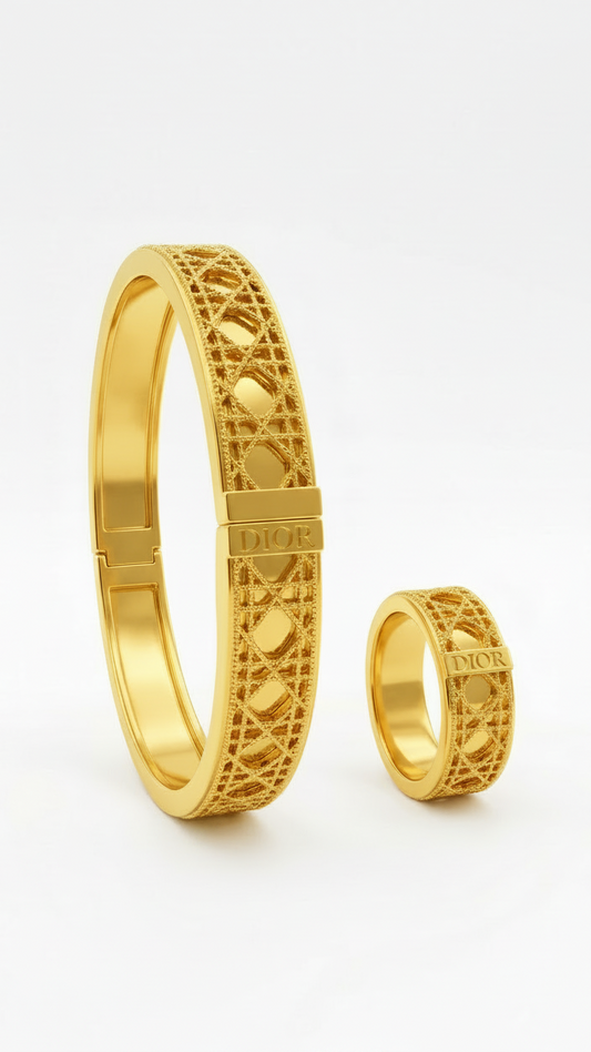 Cannage Pattern Gold-Tone Bangle and Ring Set