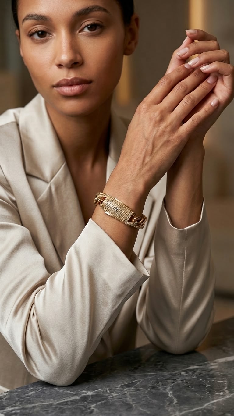 Gold Pave-Lock Curb Chain Bracelet