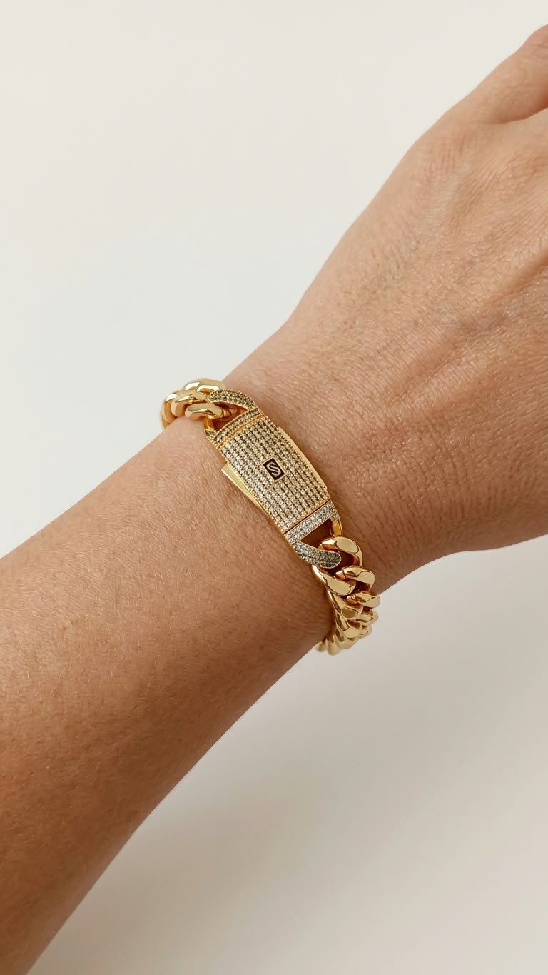 Gold Pave-Lock Curb Chain Bracelet