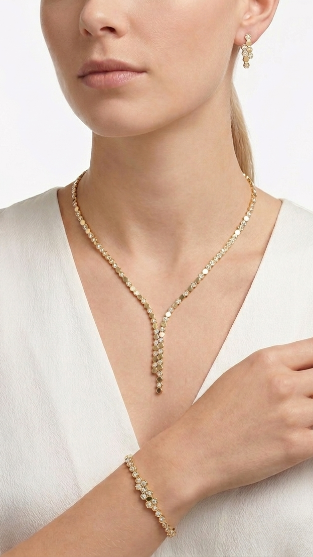 Hexagonal Honeycomb Jewelry Set - Gold & Pavé