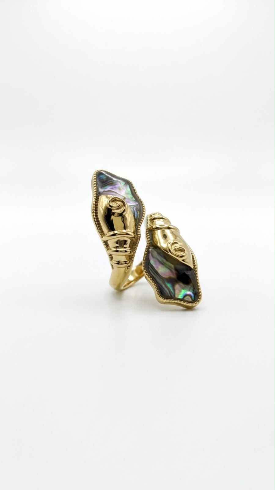 Gold Iridescent Resin Spiral Shell Dual-Motif Ring