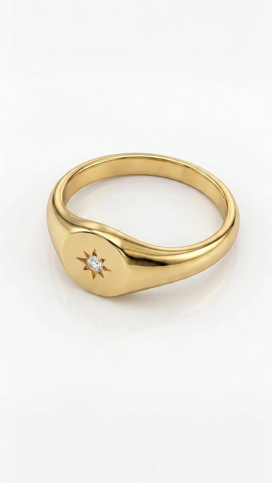 showing a close-up of the gold North Star signet ring.